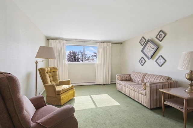 carpeted living area with a baseboard radiator and baseboard heating