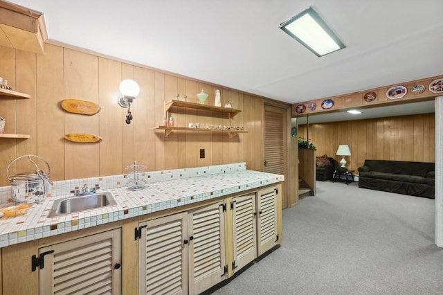 interior space with open shelves, tile counters, light carpet, a sink, and wooden walls