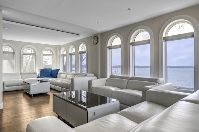 living area featuring dark wood-style floors and a water view