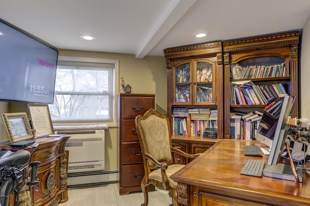 office space featuring recessed lighting and beam ceiling