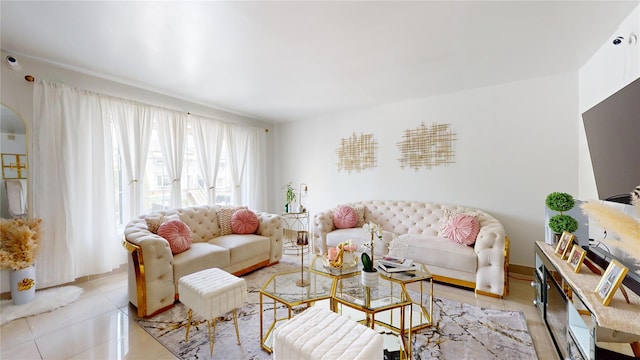 living area featuring light tile patterned floors