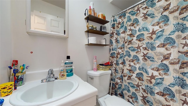 bathroom with toilet, a sink, and a shower with shower curtain