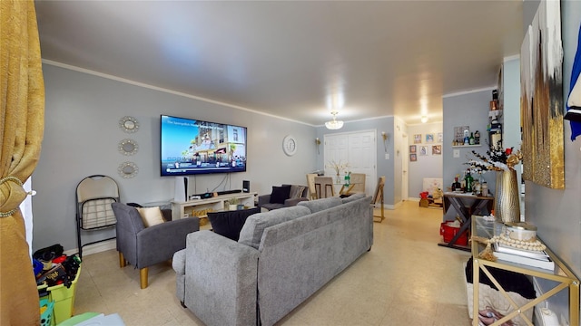 living area featuring baseboards, crown molding, and tile patterned floors