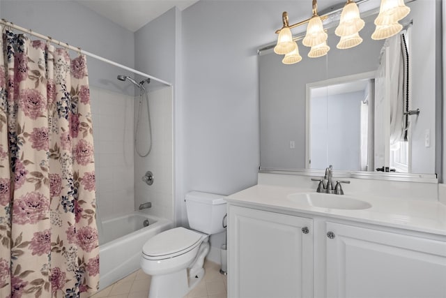 full bathroom with shower / bath combination with curtain, toilet, vanity, a chandelier, and tile patterned floors