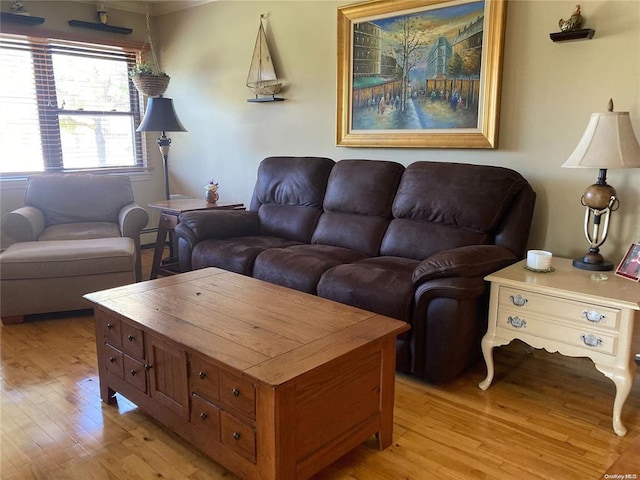 living area featuring a baseboard heating unit and light wood-style flooring