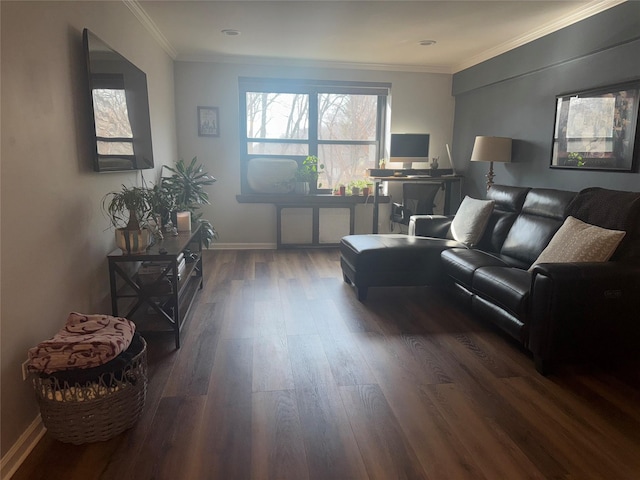 living area featuring ornamental molding, dark wood finished floors, and baseboards