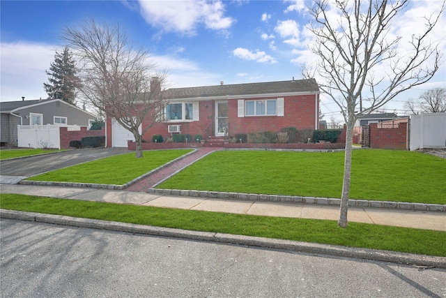 ranch-style house with fence, a front lawn, aphalt driveway, and brick siding