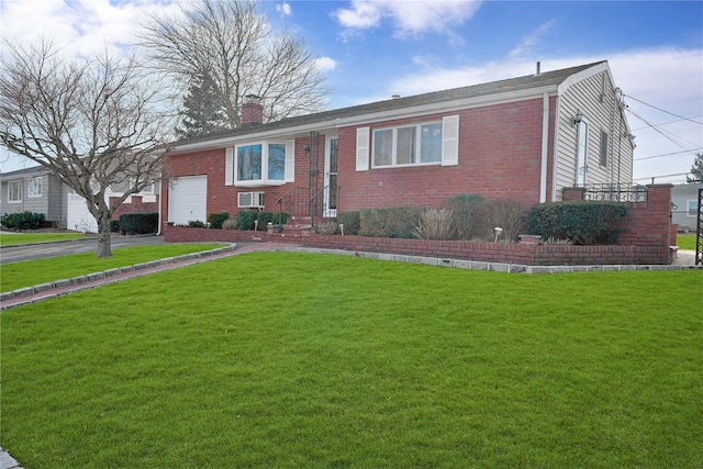 view of front facade featuring a front yard, brick siding, driveway, and a chimney