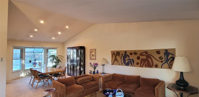 living area with lofted ceiling, carpet, and recessed lighting