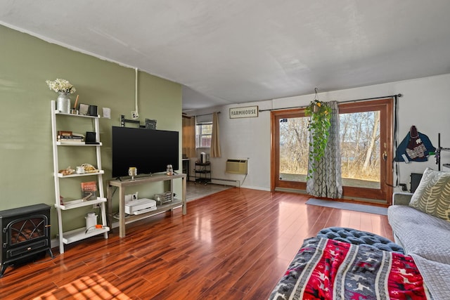 living area with a wood stove and wood finished floors