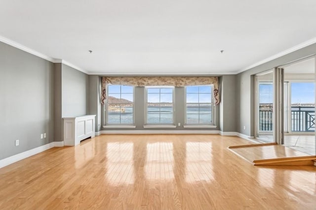 unfurnished living room featuring light wood-type flooring, a healthy amount of sunlight, and baseboards