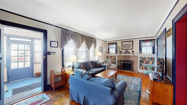 living room featuring a fireplace