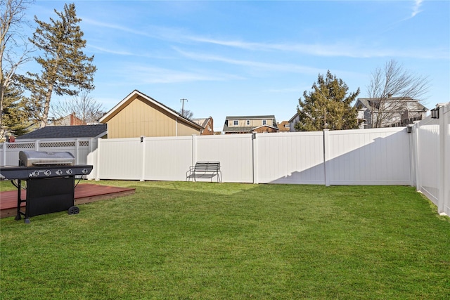 view of yard featuring a deck and a fenced backyard