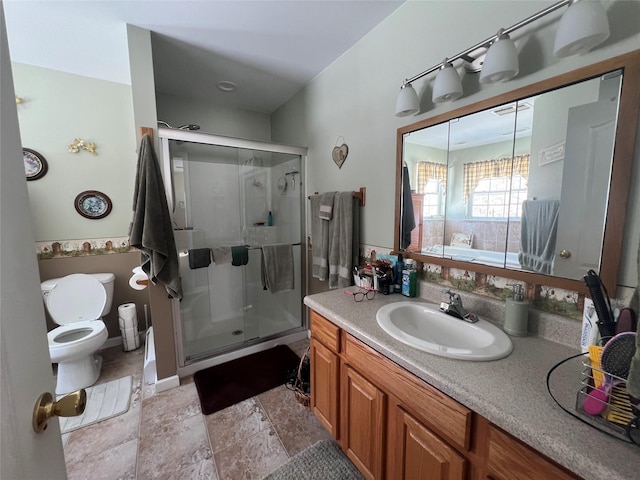 full bathroom featuring toilet, a shower stall, and vanity