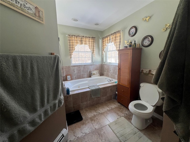 full bathroom with a garden tub and toilet