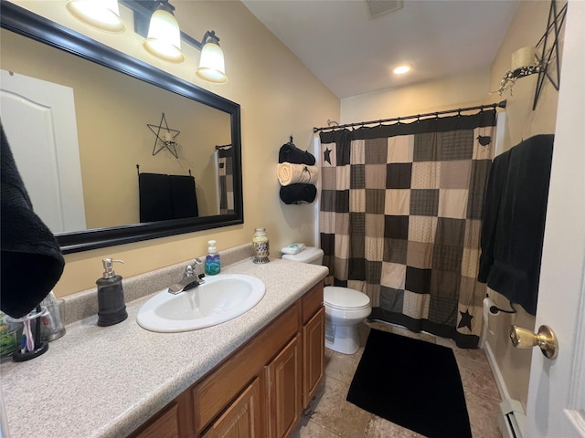 bathroom featuring visible vents, a shower with shower curtain, toilet, tile patterned flooring, and vanity