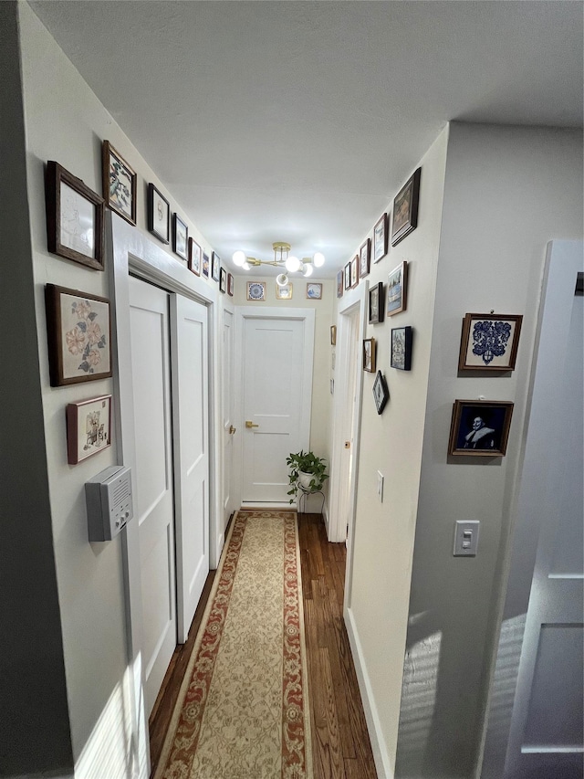 hallway featuring dark wood finished floors and baseboards