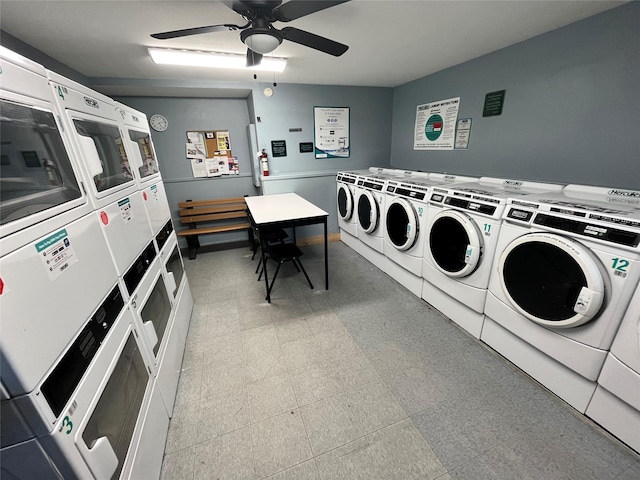 shared laundry area featuring light floors, washing machine and dryer, a ceiling fan, and stacked washer / drying machine