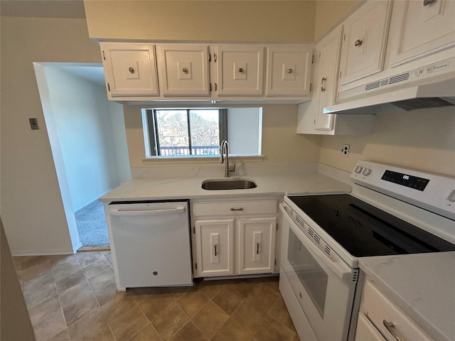 kitchen featuring light countertops, white cabinetry, a sink, white appliances, and under cabinet range hood