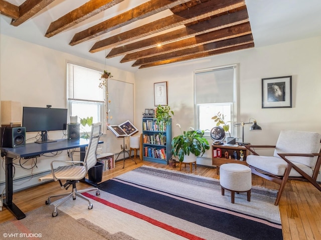 office space featuring wood finished floors and beam ceiling