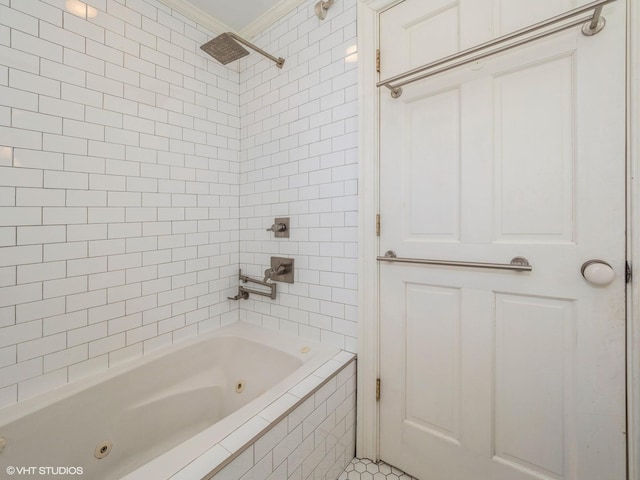 full bath featuring a combined bath / shower with jetted tub and crown molding