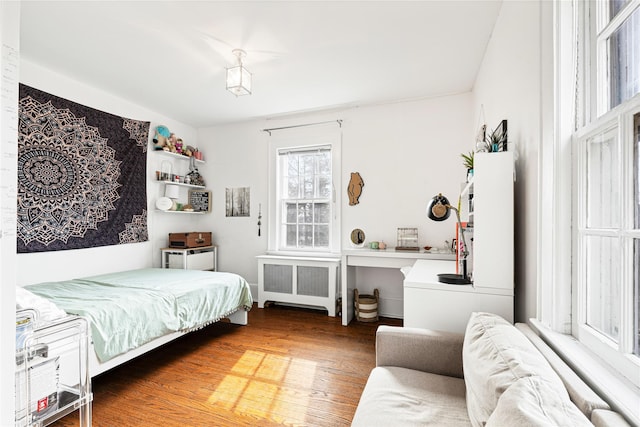 bedroom featuring radiator and wood finished floors