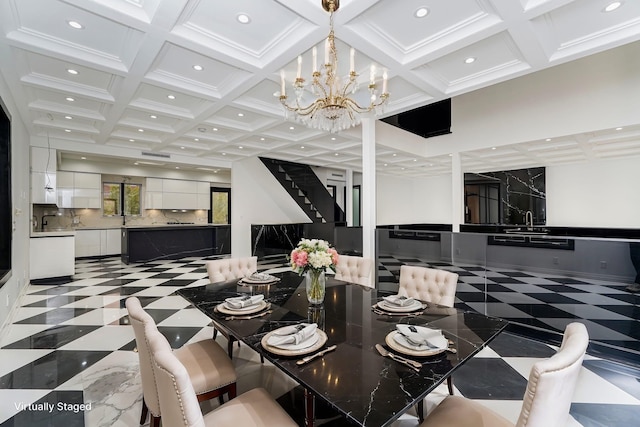 dining room featuring stairs, coffered ceiling, a notable chandelier, and recessed lighting