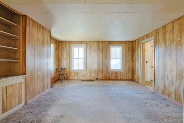 spare room with light carpet, wood walls, and baseboards