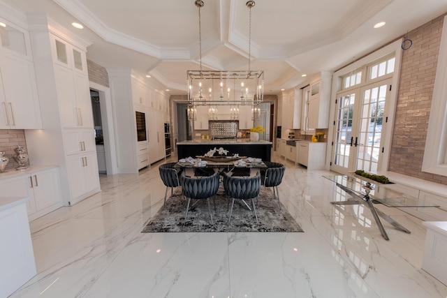 dining room with recessed lighting, coffered ceiling, marble finish floor, ornamental molding, and french doors