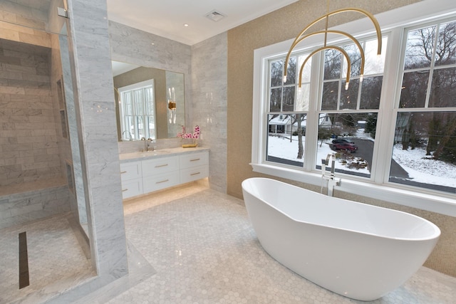 bathroom featuring tile walls, a soaking tub, a healthy amount of sunlight, and vanity