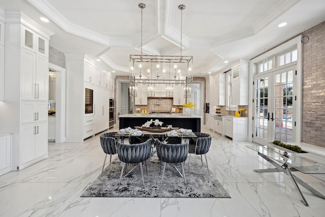 dining room with recessed lighting, french doors, and crown molding