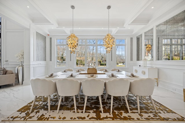 dining area featuring a decorative wall, beamed ceiling, coffered ceiling, and a notable chandelier