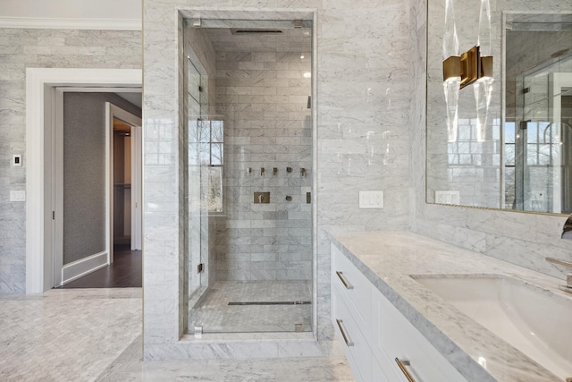full bath featuring a shower stall and vanity