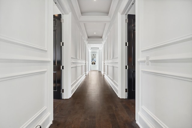 corridor featuring a decorative wall and dark wood-type flooring