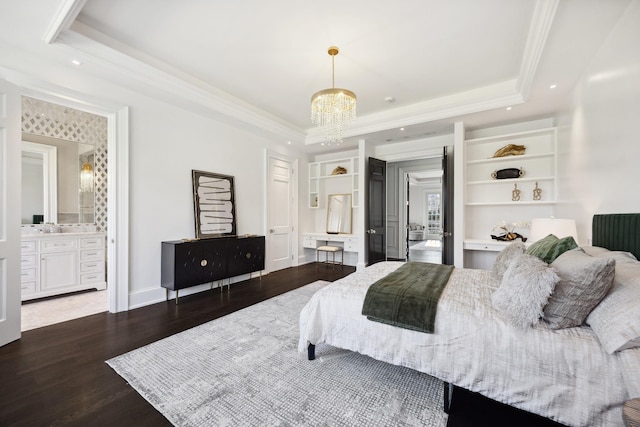bedroom with ornamental molding, a raised ceiling, a notable chandelier, and wood finished floors