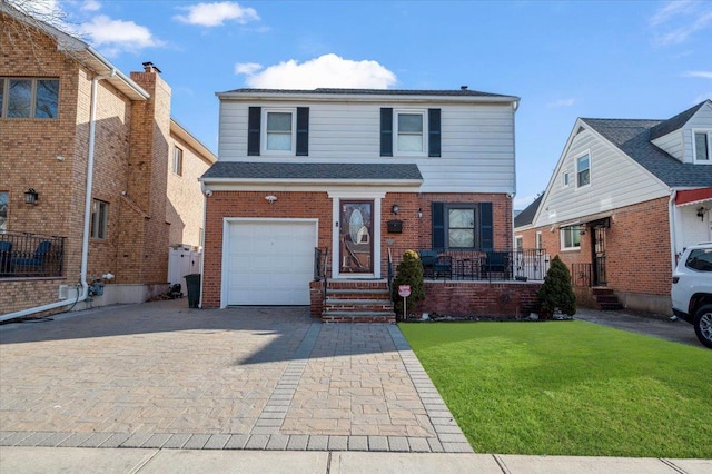 traditional-style home featuring a garage, covered porch, brick siding, decorative driveway, and a front lawn