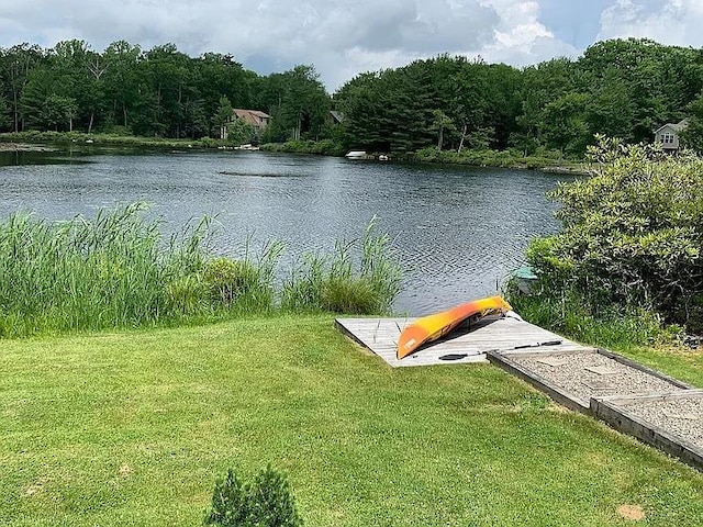 dock area featuring a water view, a wooded view, and a lawn