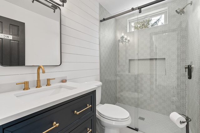 61 Surrey St, Rock Hill, NY 12775 - bathroom featuring vanity, toilet, a shower stall, and wooden walls