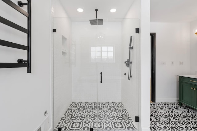61 Surrey St, Rock Hill, NY 12775 - bathroom with a stall shower, vanity, recessed lighting, and baseboards