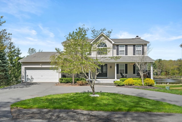 61 Surrey St, Rock Hill, NY 12775 - view of front facade featuring curved driveway, covered porch, an attached garage, and a chimney