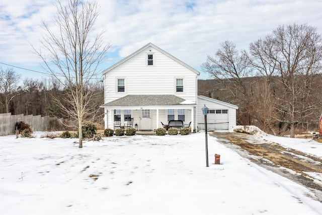 snow covered property with an attached garage and fence