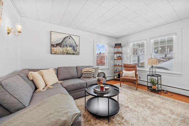 living area featuring a baseboard heating unit and wood finished floors