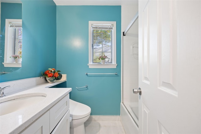 full bath featuring shower / bath combination, tile patterned flooring, vanity, and toilet