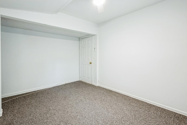 unfurnished room with carpet, baseboards, and ceiling fan