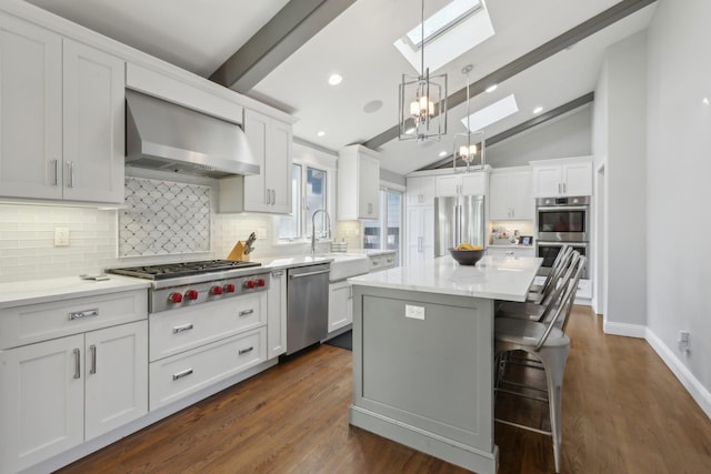 kitchen with wall chimney exhaust hood, a kitchen island, white cabinets, and stainless steel appliances