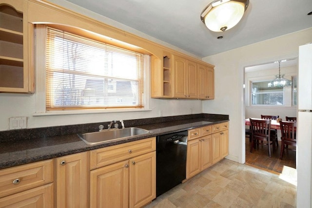 kitchen featuring dark countertops, black dishwasher, open shelves, and a sink