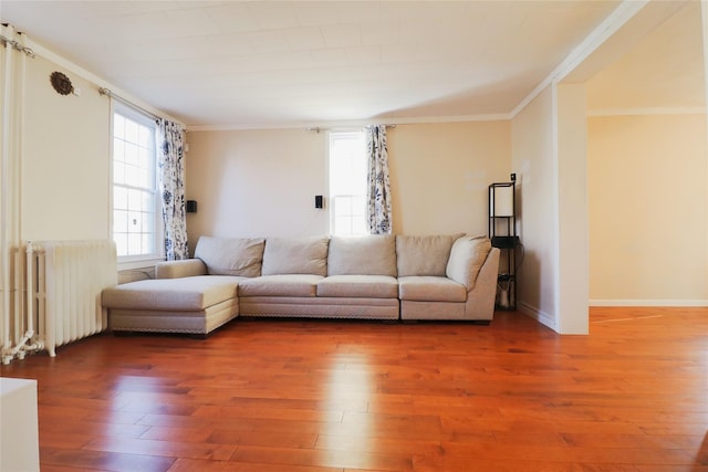 living room with ornamental molding, baseboards, radiator heating unit, and wood finished floors