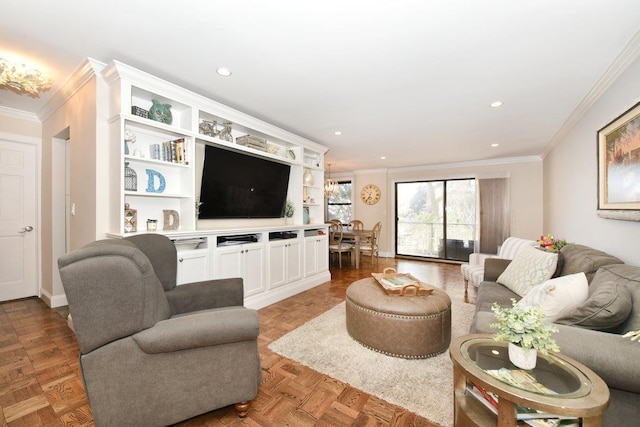 living area with recessed lighting and crown molding