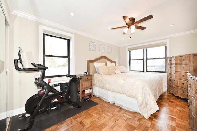 bedroom featuring ornamental molding, recessed lighting, and multiple windows