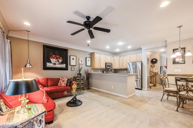 living room featuring crown molding, recessed lighting, light colored carpet, ceiling fan, and baseboards